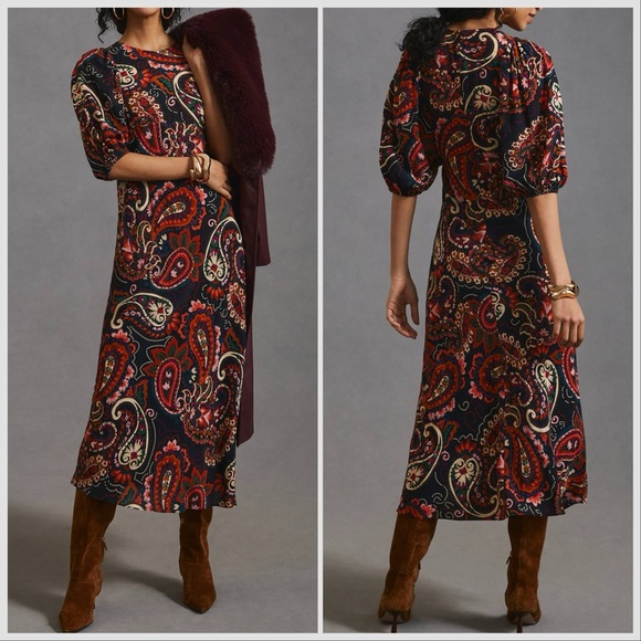Anthropologie Kachel Red Black Paisley Print Puff-Sleeve Dress Sz L - Picture 1 of 15